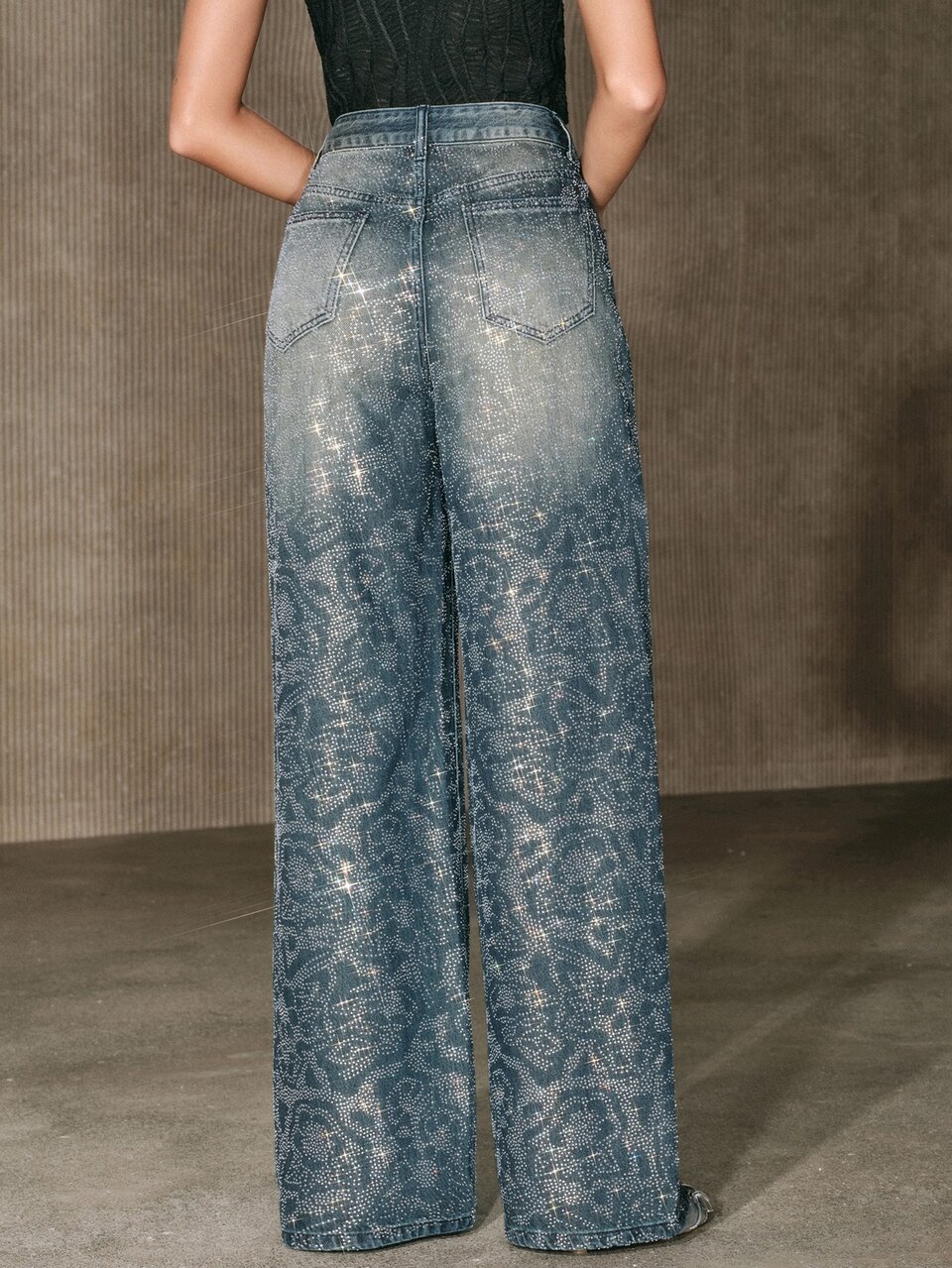 Anewsta Women's New Fashion Heavy Embellished Floral Rhinestone Blue Straight Leg Jeans