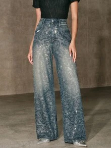 Anewsta Celana Jeans Wanita Kasual Musim Gugur/Dingin Biru Motif Bunga Rhinestone Potongan Lurus Gaya Streetwear untuk Konser, Klub, dan Pesta - Biru - View 2