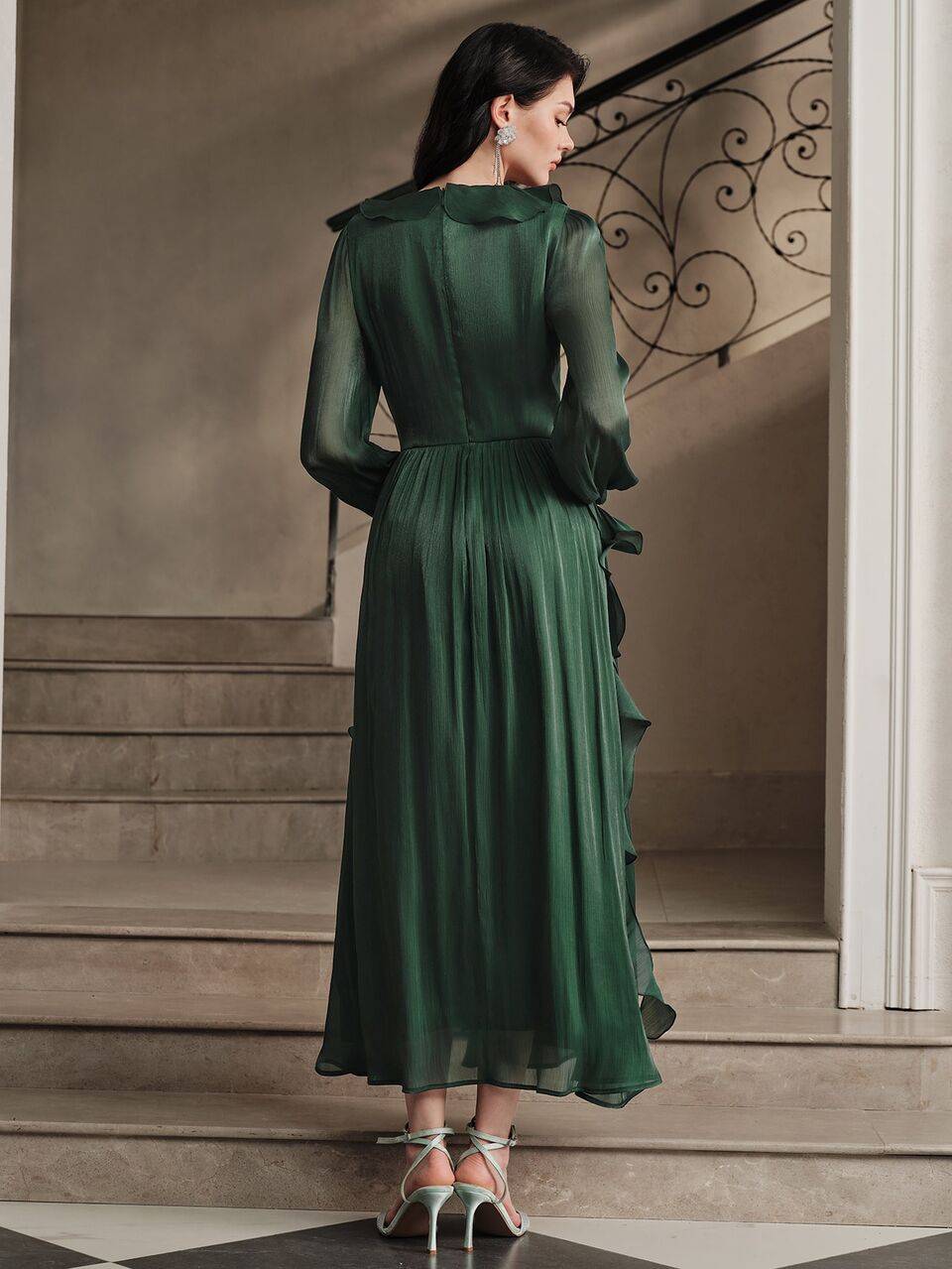 Anewsta Women's Elegant Romantic Emerald Green Heavy Embellished Ruffle Hem Slit Dress For Wedding, Night Dinner, Party Autumn