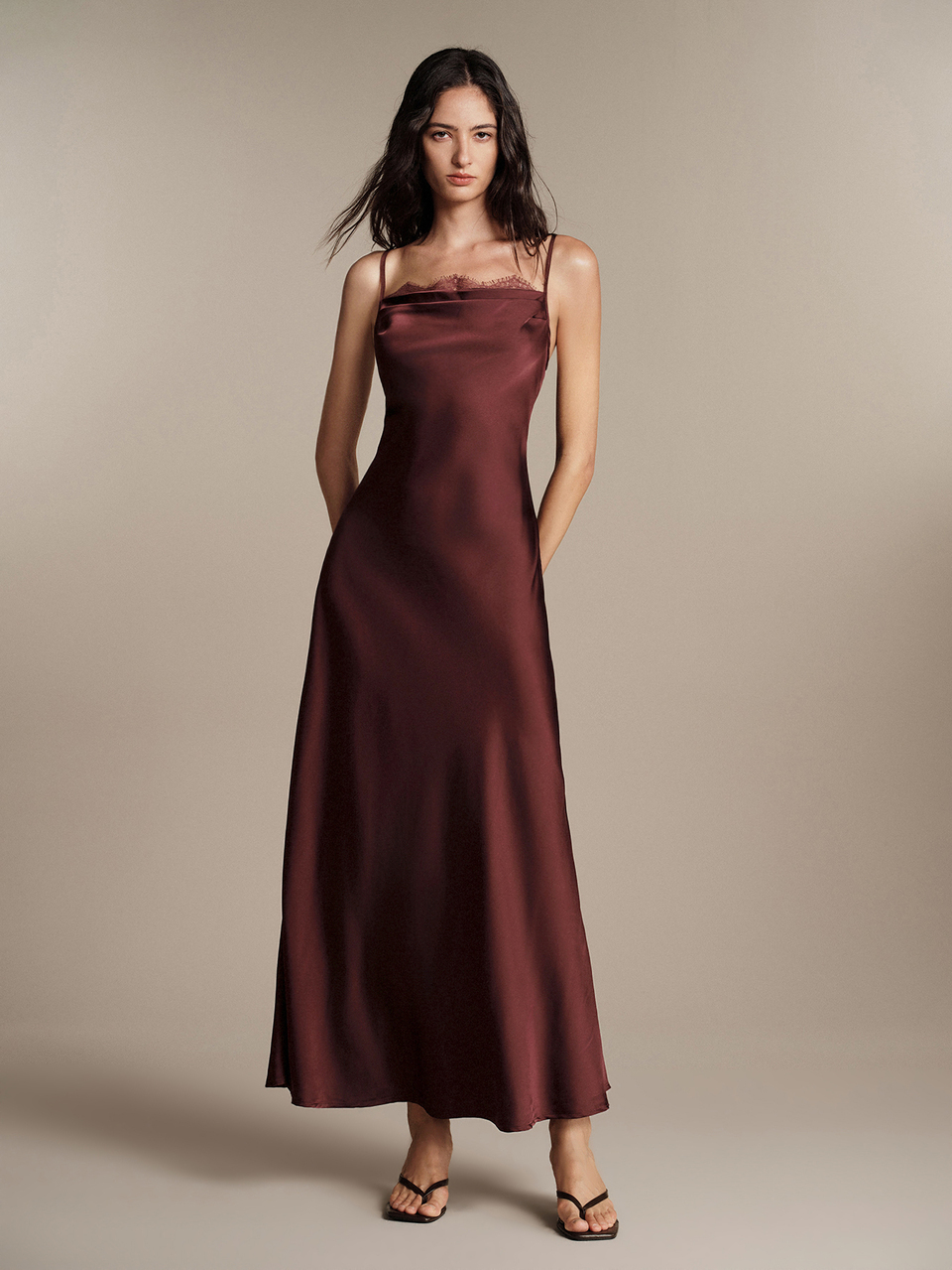 Anewsta Elegant Banquet Spaghetti Strap Lace Women's Burgundy Woven Dress