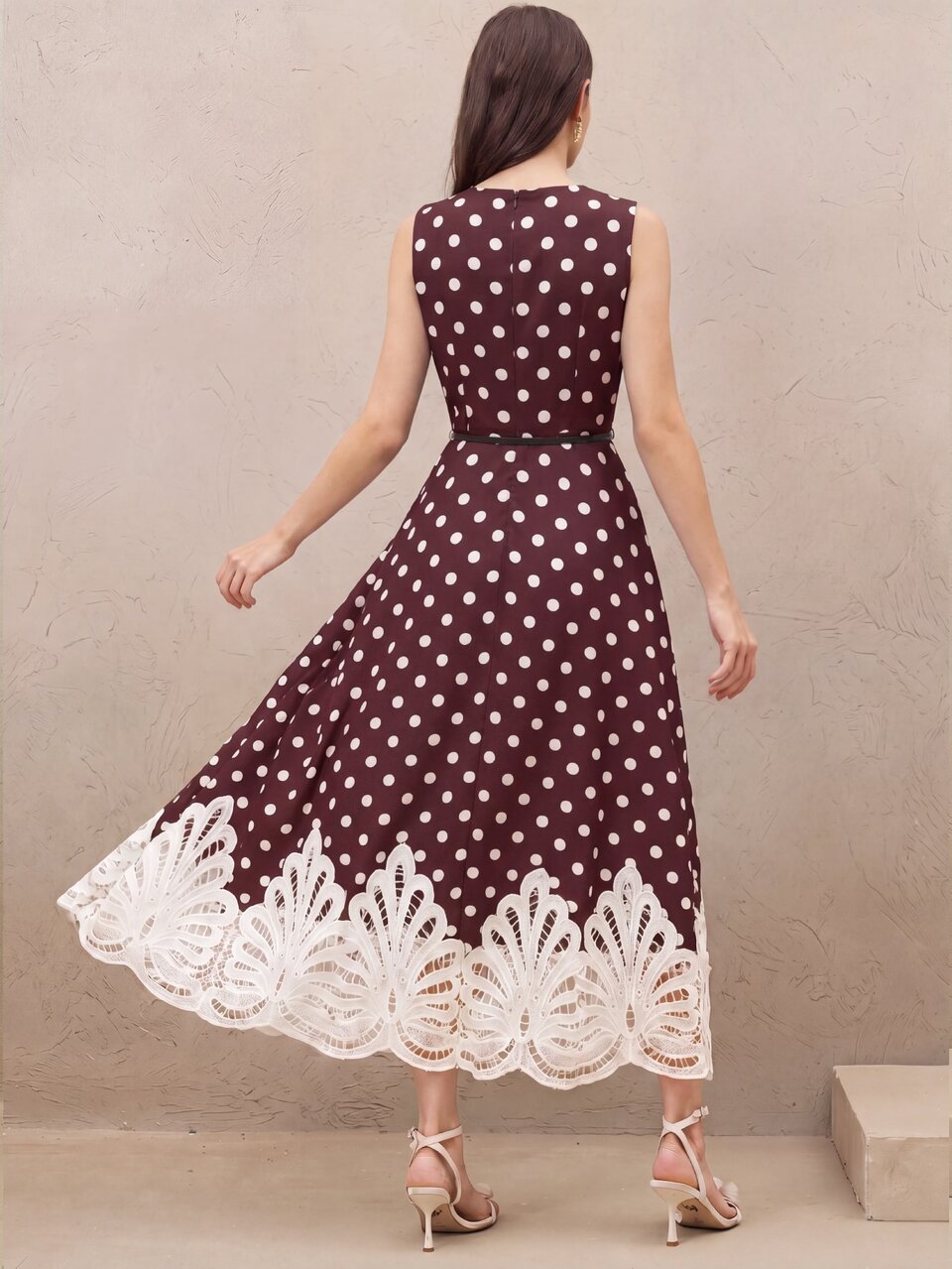 Anewsta Women's Fashion Long Dress High Quality Women's Clothing Vintage Elegant Polka Dot Dress With Tie Waist Lace Trim Slimming Commute Date Long Skirt From Spring To Summer, Polka Dot Dresses, Lace Trim Dresses, Tiered Midi Dresses
