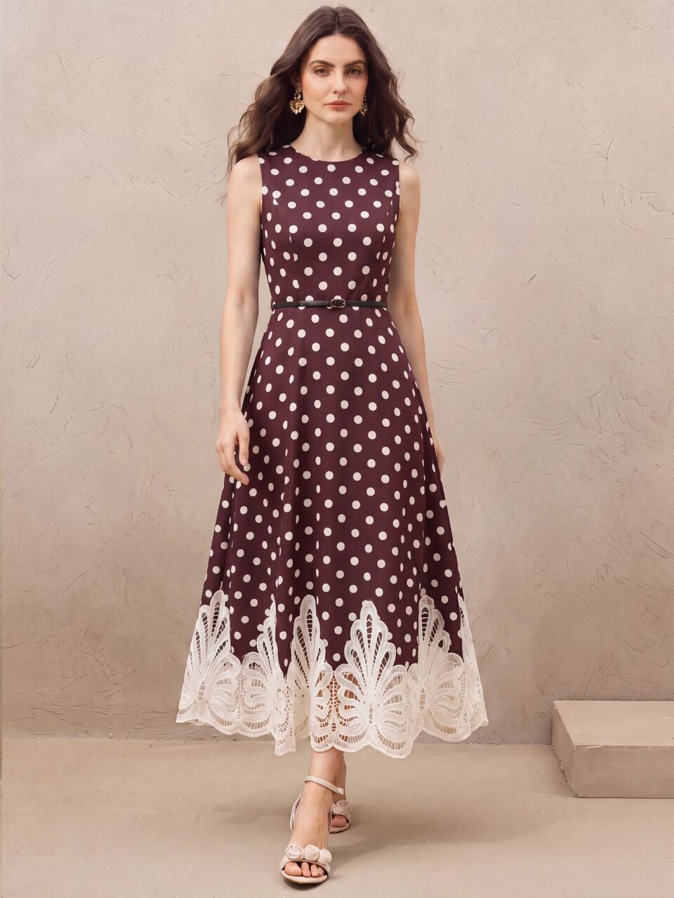Anewsta Women's Fashion Long Dress High Quality Women's Clothing Vintage Elegant Polka Dot Dress With Tie Waist Lace Trim Slimming Commute Date Long Skirt From Spring To Summer, Polka Dot Dresses, Lace Trim Dresses, Tiered Midi Dresses