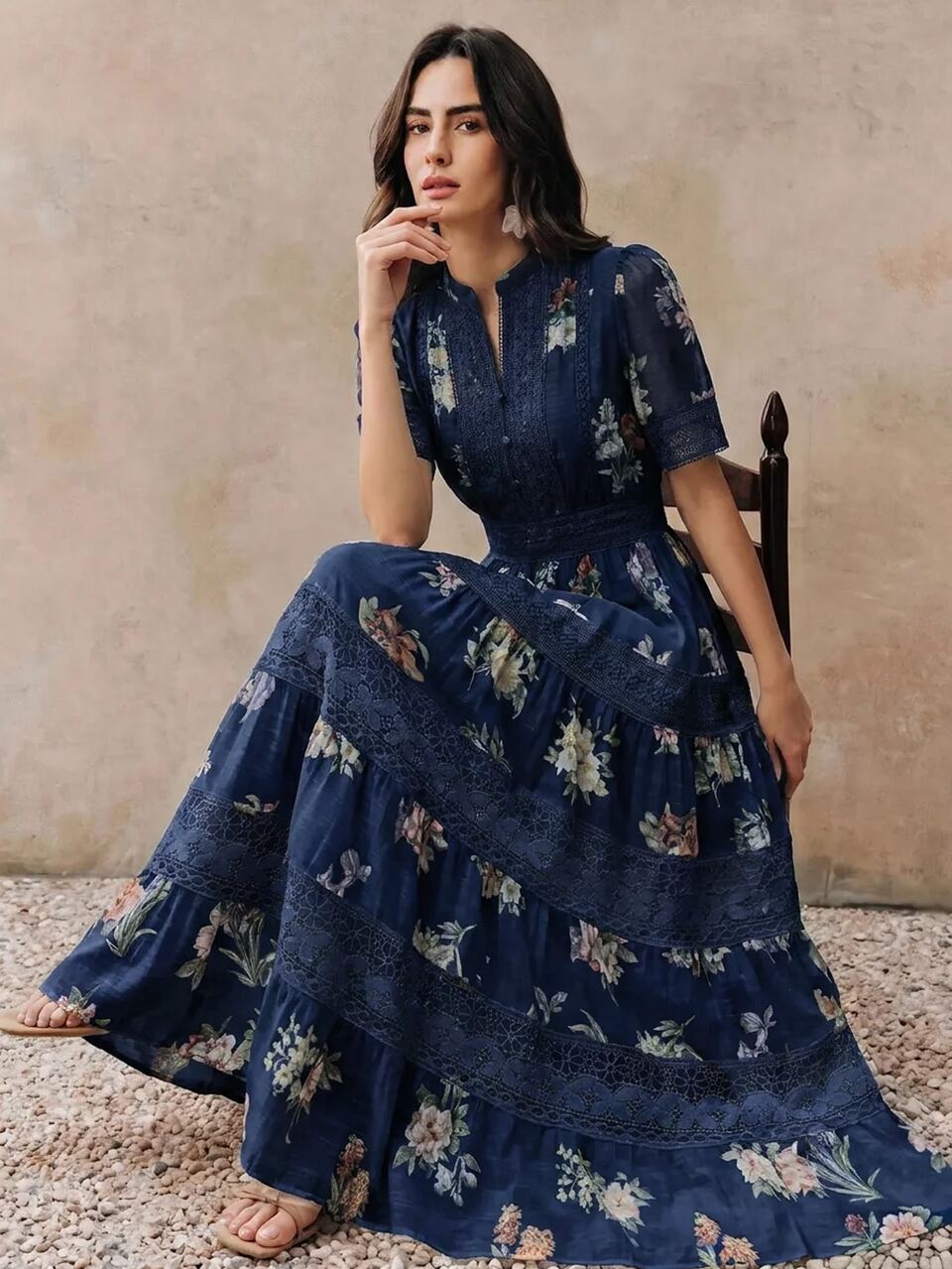 Anewsta Elegant Cinched Waist Full Skirt Colorful Spring/Summer Floral Pattern Design Heavy Work Patchwork Lace Trim Women's Long Dress