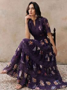 Anewsta Elegant Cinched Waist Full Skirt Colorful Spring/Summer Floral Pattern Design Heavy Embroidery Patchwork Lace Trim Women's Long Dress - Purple - View 2
