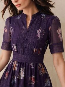 Anewsta Elegant Cinched Waist Full Skirt Colorful Spring/Summer Floral Pattern Design Heavy Embroidery Patchwork Lace Trim Women's Long Dress - Purple - View 1