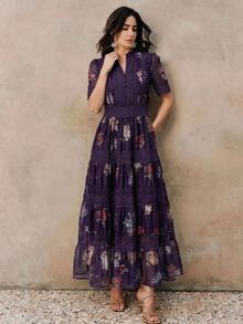 Anewsta Elegant Cinched Waist Full Skirt Colorful Spring/Summer Floral Pattern Design Heavy Embroidery Patchwork Lace Trim Women's Long Dress - Purple - View 6