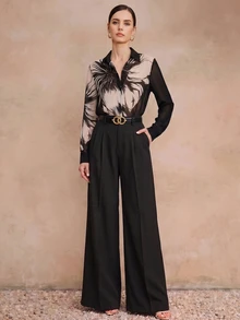 Anewsta Women's Fall/Winter Elegant Casual Grey Print Chiffon Blouse Long Sleeve For Business Office Wedding Guest Party Going Out Vacation Birthday - Black - View 5