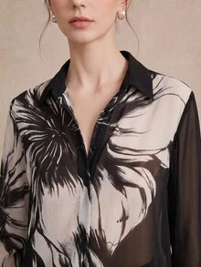 Anewsta Women's Fall/Winter Elegant Casual Grey Print Chiffon Blouse Long Sleeve For Business Office Wedding Guest Party Going Out Vacation Birthday - Black - View 2