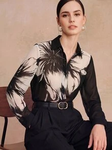 Anewsta Women's Fall/Winter Elegant Casual Grey Print Chiffon Blouse Long Sleeve For Business Office Wedding Guest Party Going Out Vacation Birthday - Black - View 4