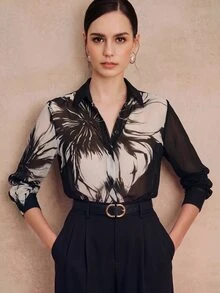 Anewsta Women's Fall/Winter Elegant Casual Grey Print Chiffon Blouse Long Sleeve For Business Office Wedding Guest Party Going Out Vacation Birthday - Black - View 1