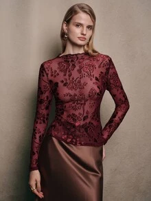 Anewsta Spring/Summer Burgundy Flocked Floral Sheer Mesh Slim Fit Long Sleeve Top - Burgundy - View 2