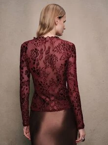 Anewsta Spring/Summer Burgundy Flocked Floral Sheer Mesh Slim Fit Long Sleeve Top - Burgundy - View 6
