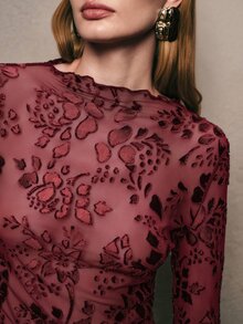 Anewsta Spring/Summer Burgundy Flocked Floral Sheer Mesh Slim Fit Long Sleeve Top - Burgundy - View 1