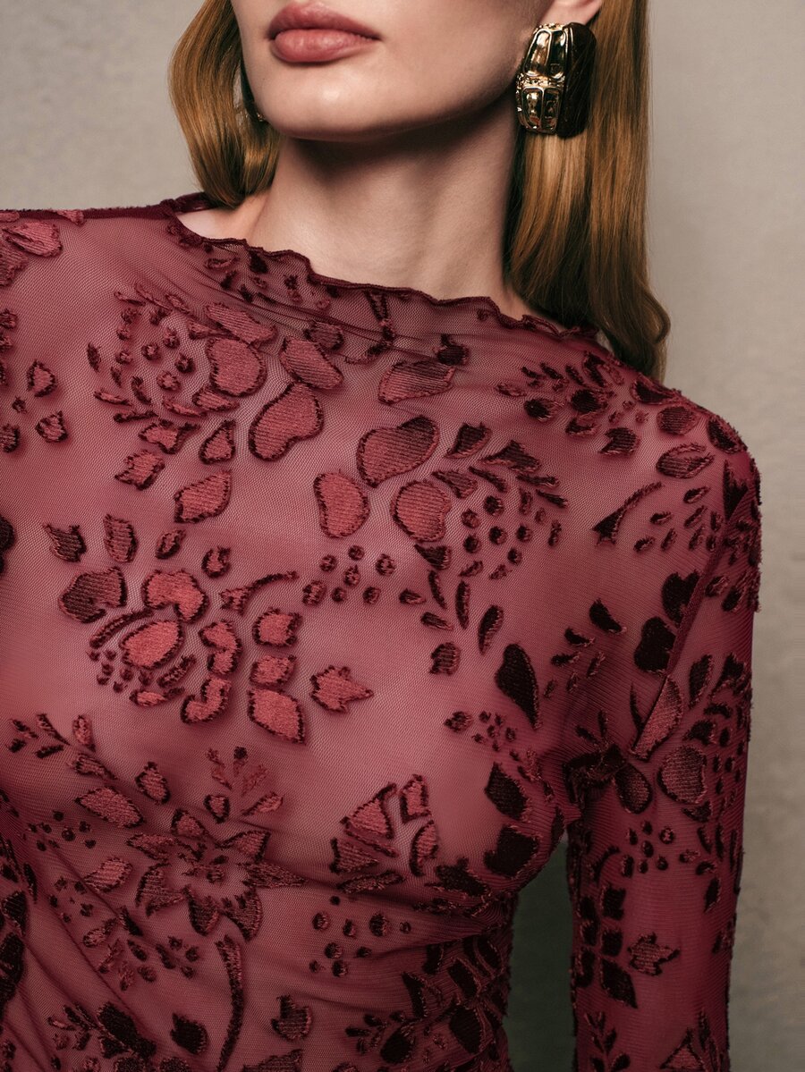 Anewsta Spring/Summer Burgundy Flocked Floral Sheer Mesh Slim Fit Long Sleeve Top - Burgundy - View 1