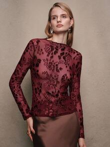 Anewsta Spring/Summer Burgundy Flocked Floral Sheer Mesh Slim Fit Long Sleeve Top - Burgundy - View 4