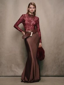 Anewsta Spring/Summer Burgundy Flocked Floral Sheer Mesh Slim Fit Long Sleeve Top - Burgundy - View 5