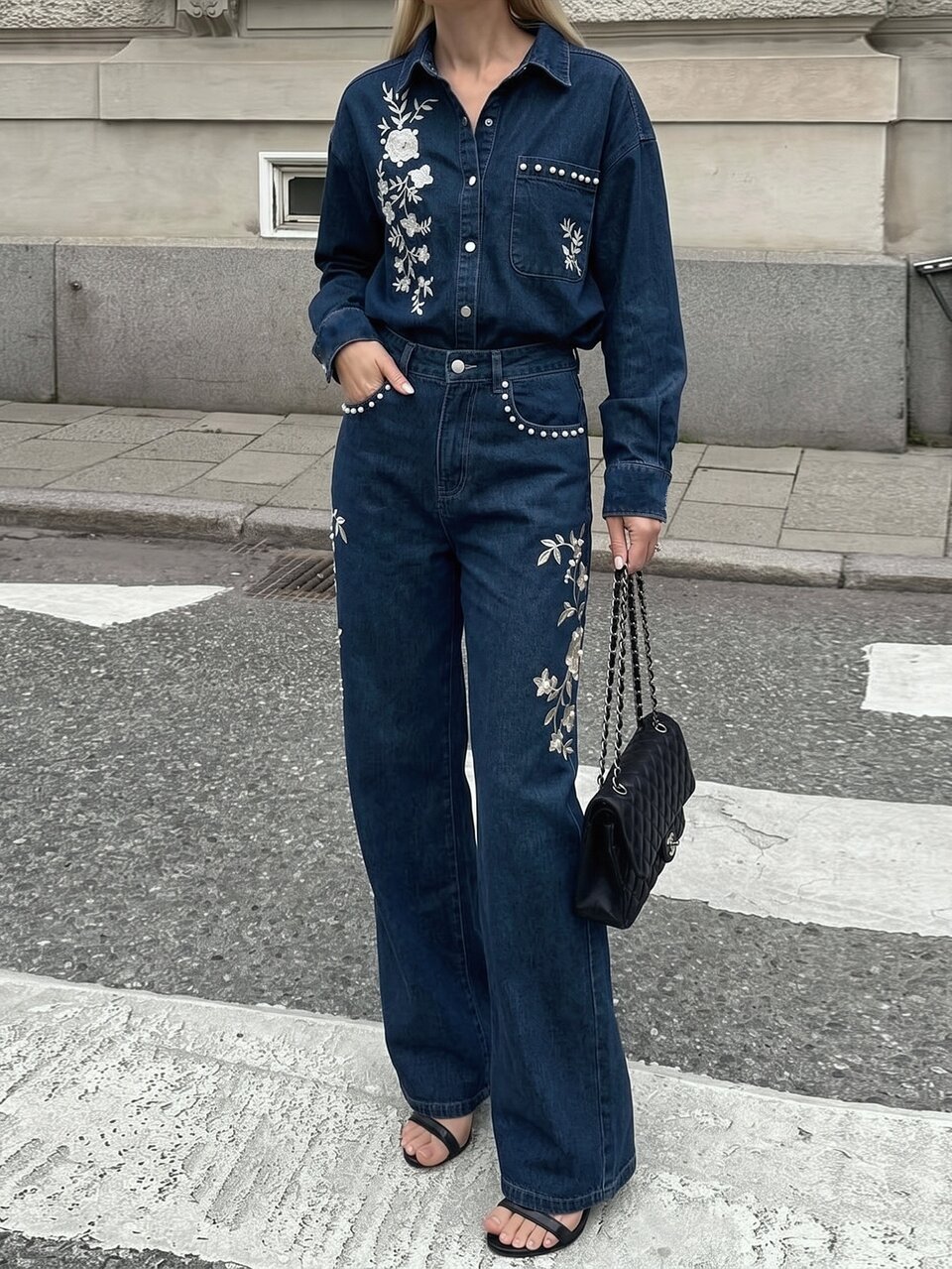 Anewsta Women's Modern Elegant Heavy Embroidery & Beaded Loose Fit Denim Shirt
