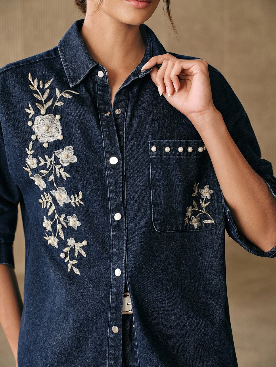 Anewsta Women's Modern Elegant Heavy Embroidery & Beaded Loose Fit Denim Shirt