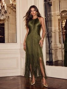 Anewsta Affair Elegant Vintage Bohemian Tassel Maxi Dress, Suitable For Spring, Summer, Holidays, Festivals, Beaches, Parties, And Easter - Army Green - View 4