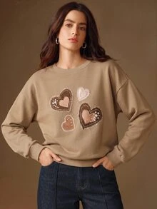 Anewsta 女款心形圖案休閒浪漫日常野餐長袖運動衫 米色 秋季 - 卡其色 - 查看 7