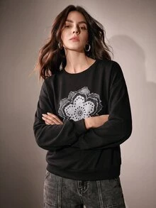Anewsta Women's Floral Print Round Neck Drop Shoulder Long Sleeve Loose Sweatshirt - Black - View 7