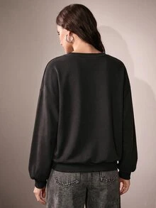 Anewsta Women's Floral Print Round Neck Drop Shoulder Long Sleeve Loose Sweatshirt - Black - View 2