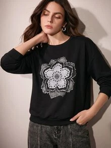 Anewsta Women's Floral Print Round Neck Drop Shoulder Long Sleeve Loose Sweatshirt - Black - View 4