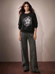 Anewsta Women's Floral Print Round Neck Drop Shoulder Long Sleeve Loose Sweatshirt - Black - View 6