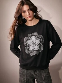 Anewsta Women's Floral Print Round Neck Drop Shoulder Long Sleeve Loose Sweatshirt - Black - View 3