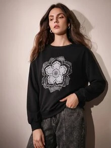 Anewsta Women's Floral Print Round Neck Drop Shoulder Long Sleeve Loose Sweatshirt - Black - View 5