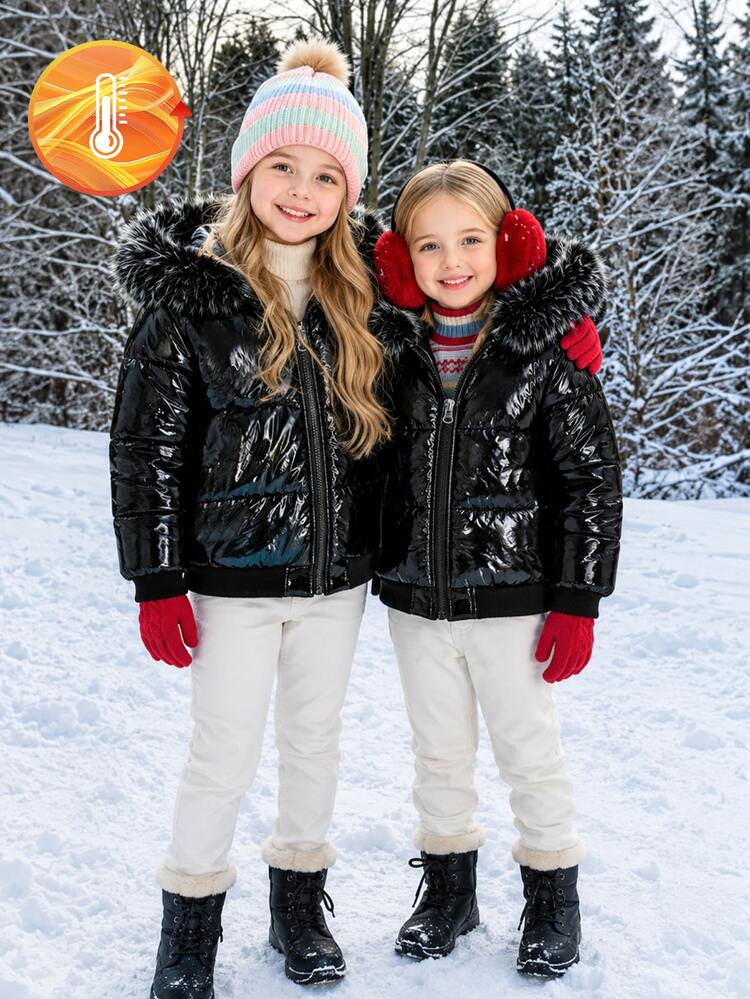SHEIN Children's Shiny Big Fur Collar Cotton Padded Coat, Girls Toddler Winter Thickened Short Hooded Coat, Loose Ribbed Cuffs Versatile Baby Winter Outerwear - Black - View 8