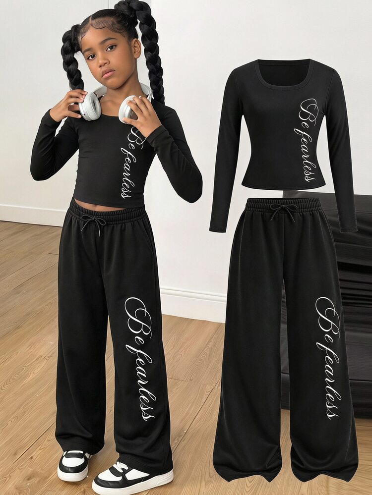 Tween Girls Black Letter Kids Print Square Neck Long Sleeve T-Shirt Wide Leg Sweatpants 2Pcs Outfits - Black - View 14