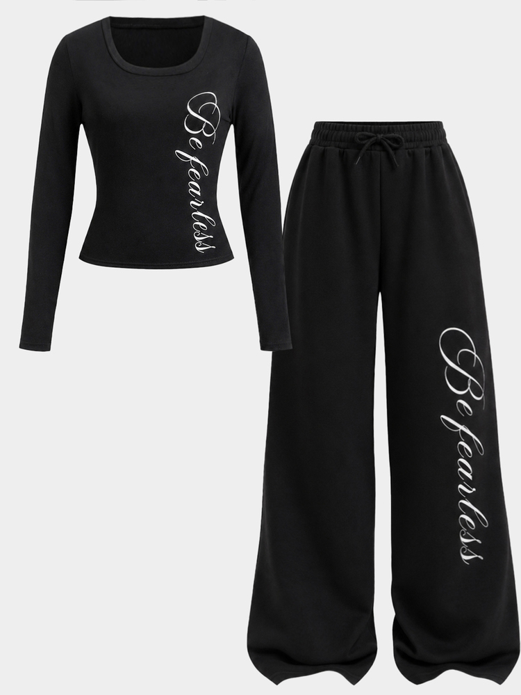 Tween Girls Black Letter Kids Print Square Neck Long Sleeve T-Shirt Wide Leg Sweatpants 2Pcs Outfits - Black - View 4