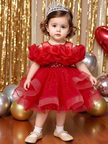 Glamorique Kids 女童可愛網紗蓬蓬裙，附蝴蝶結與珍珠裝飾，生日派對度假舞會公主裙，適合幼兒 - 酒紅色 - 查看 1