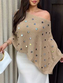 Easura Sweater Wanita Ukuran Besar Berpayet Leher Asimetris Kasual Elegan Serbaguna untuk Pemakaian Sehari-hari Musim Gugur Formal Malam Khaki - Khaki - View 4