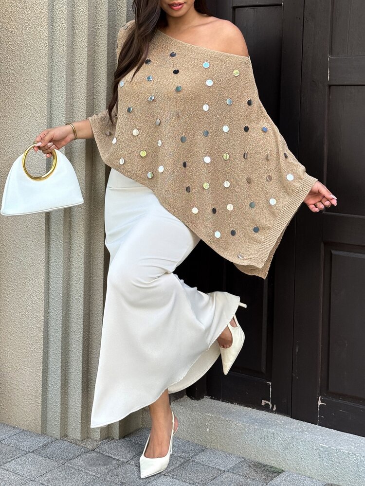 Easura Sweater Wanita Ukuran Besar Berpayet Leher Asimetris Kasual Elegan Serbaguna untuk Pemakaian Sehari-hari Musim Gugur Formal Malam Khaki - Khaki - View 7