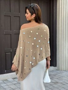 Easura Sweater Wanita Ukuran Besar Berpayet Leher Asimetris Kasual Elegan Serbaguna untuk Pemakaian Sehari-hari Musim Gugur Formal Malam Khaki - Khaki - View 2
