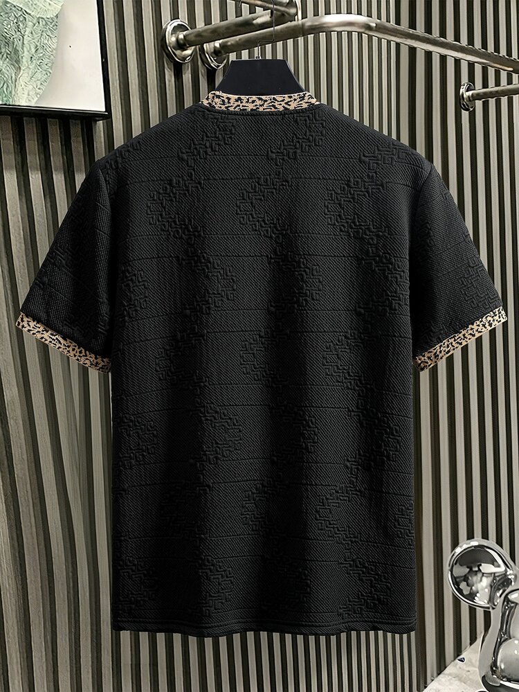Manfinity Homme Men's Knitted Jacquard Solid Color Textured Black Collar & Cuff Leopard Print Ribbed T-Shirt - Black - View 2