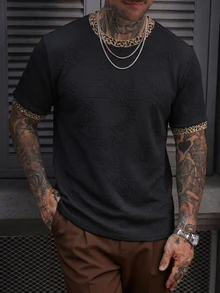 Manfinity Homme 男士針織提花純色紋理黑色領口與袖口豹紋羅紋T恤 - 黑色 - 查看 8