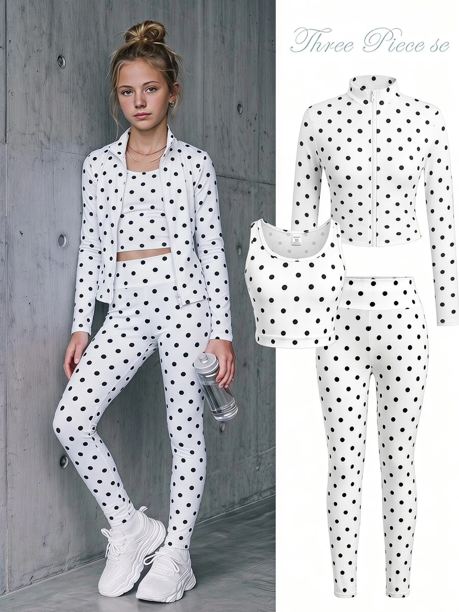 SHEIN 青少年女孩 1件波點印花拉鍊外套 + 1件內搭褲 + 1件背心上衣 - 黑與白 - 查看 1