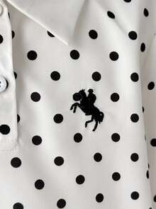 SHEIN 女童對比色白色POLO領黑白波點Logo印花長袖寬鬆A字洋裝，優雅學院風 - 黑與白 - 查看 8