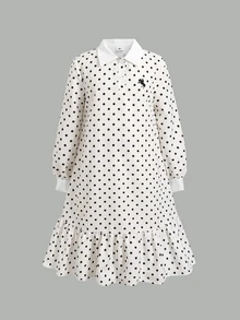 SHEIN 女童對比色白色POLO領黑白波點Logo印花長袖寬鬆A字洋裝，優雅學院風 - 黑與白 - 查看 9