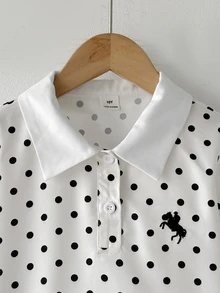 SHEIN 女童對比色白色POLO領黑白波點Logo印花長袖寬鬆A字洋裝，優雅學院風 - 黑與白 - 查看 7