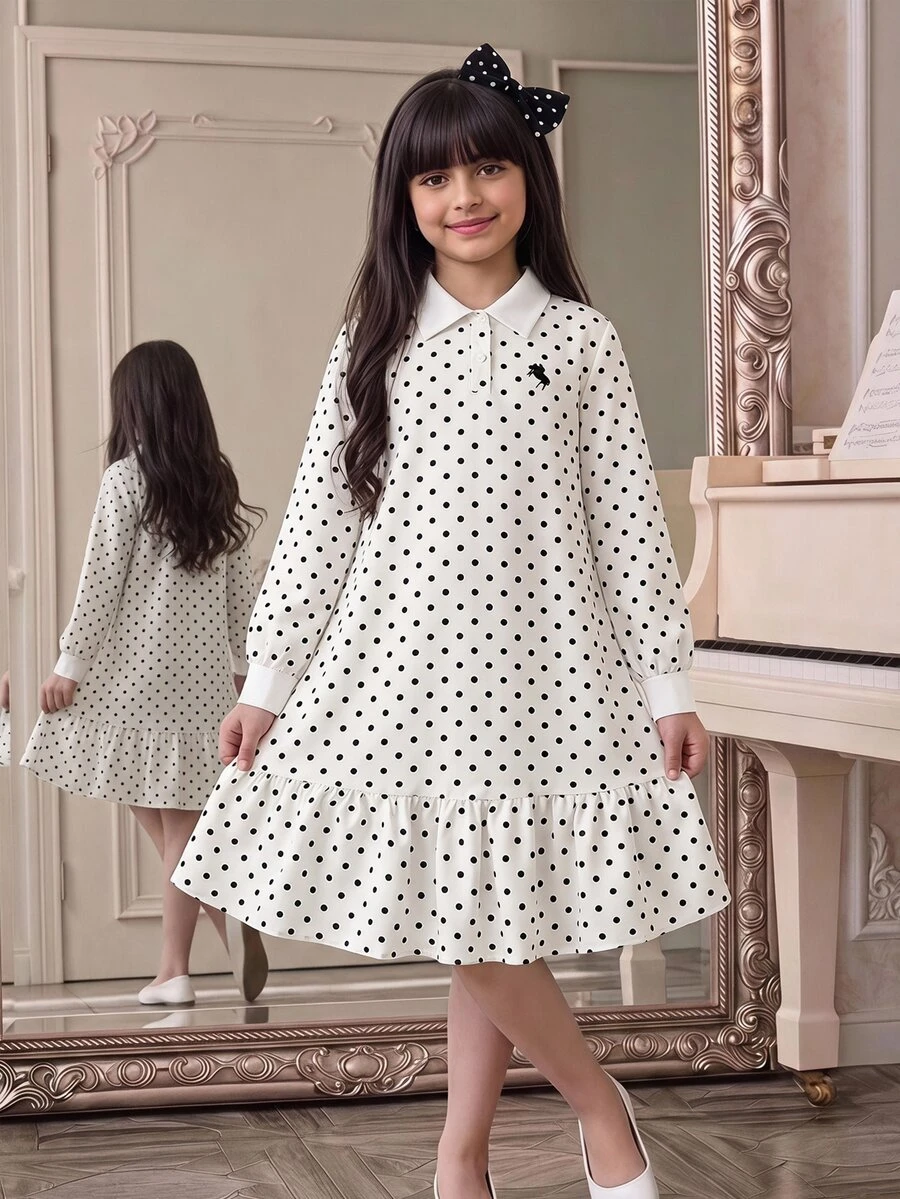 SHEIN 女童對比色白色POLO領黑白波點Logo印花長袖寬鬆A字洋裝,優雅學院風 - 黑與白 - 查看 1