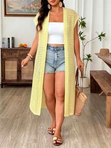 Weeklong Women's Plus Size Casual Vacation Cap Sleeve Hollow Out Long Cardigan Fall - Yellow - View 7