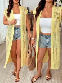 Weeklong Women's Plus Size Casual Vacation Cap Sleeve Hollow Out Long Cardigan Fall - Yellow - View 3