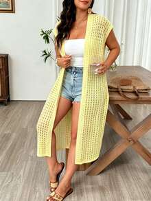 Weeklong Women's Plus Size Casual Vacation Cap Sleeve Hollow Out Long Cardigan Fall - Yellow - View 5