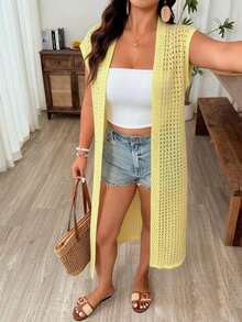 Weeklong Women's Plus Size Casual Vacation Cap Sleeve Hollow Out Long Cardigan Fall - Yellow - View 6