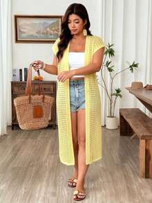 Weeklong Women's Plus Size Casual Vacation Cap Sleeve Hollow Out Long Cardigan Fall - Yellow - View 4