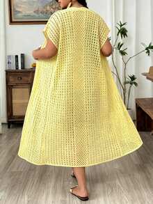 Weeklong Women's Plus Size Casual Vacation Cap Sleeve Hollow Out Long Cardigan Fall - Yellow - View 2